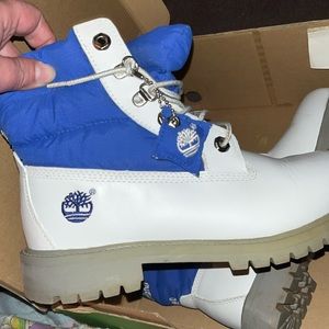 White and blue Timberland boots